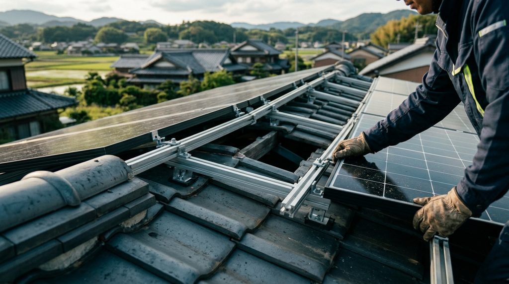 日本の住宅の屋根に設置された後付け型太陽光パネル