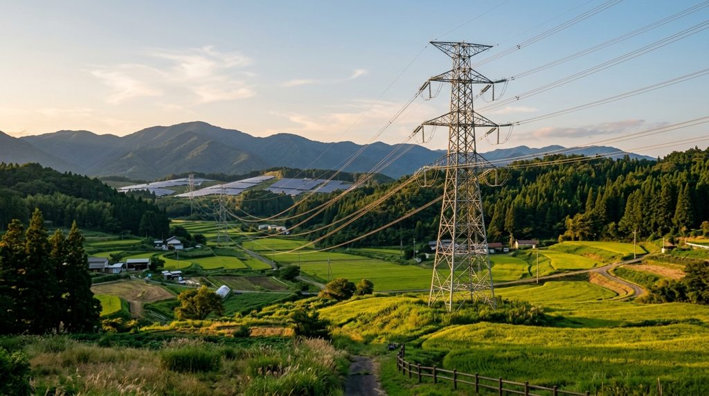 送電鉄塔と遠くに見える太陽光発電所