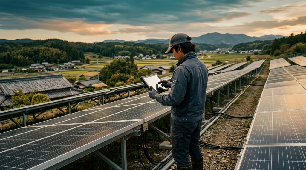 太陽光発電所の前でタブレットを見る人物