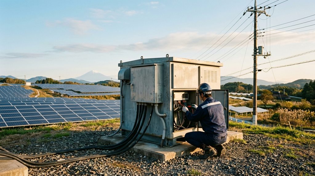 屋外蓄電池と太陽光パネル、遠くに電柱、作業員