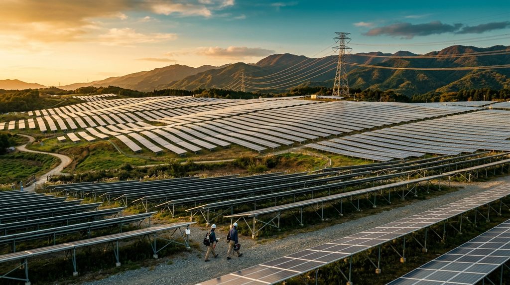 晴天の日本で広がる太陽光発電所と送電鉄塔