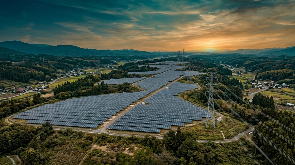 日本の田園地帯に広がる太陽光発電所と送電塔