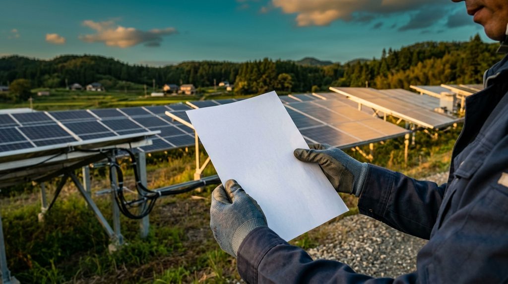 太陽光発電所で明細書を確認する人物の手元