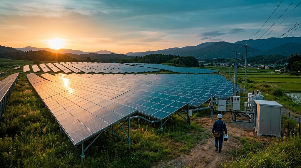 広大な野立て太陽光発電所を点検する作業員