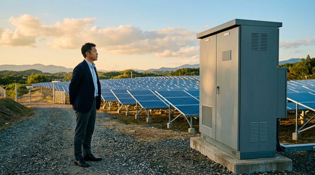 太陽光発電所に立つ男性が、大型の電力設備(キュービクル)を視察している様子。