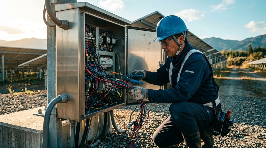 太陽光発電設備の配線とメーターを点検する作業員