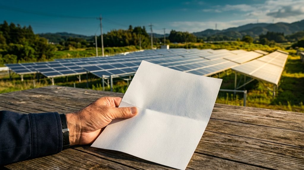 書類を確認する手と奥に広がる太陽光発電所