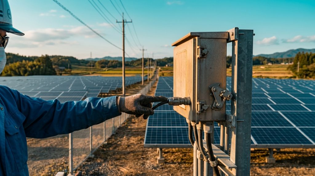 送電線が伸びる太陽光発電所の設備を点検する様子
