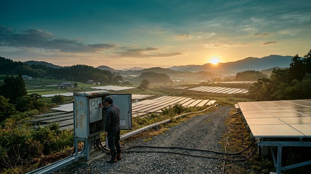 広大な太陽光発電所で、作業員が機器を点検している様子。