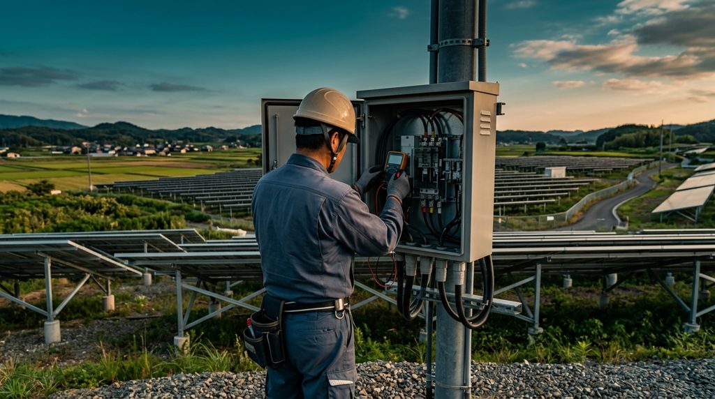 太陽光発電所の電気メーターを点検する作業員の後ろ姿