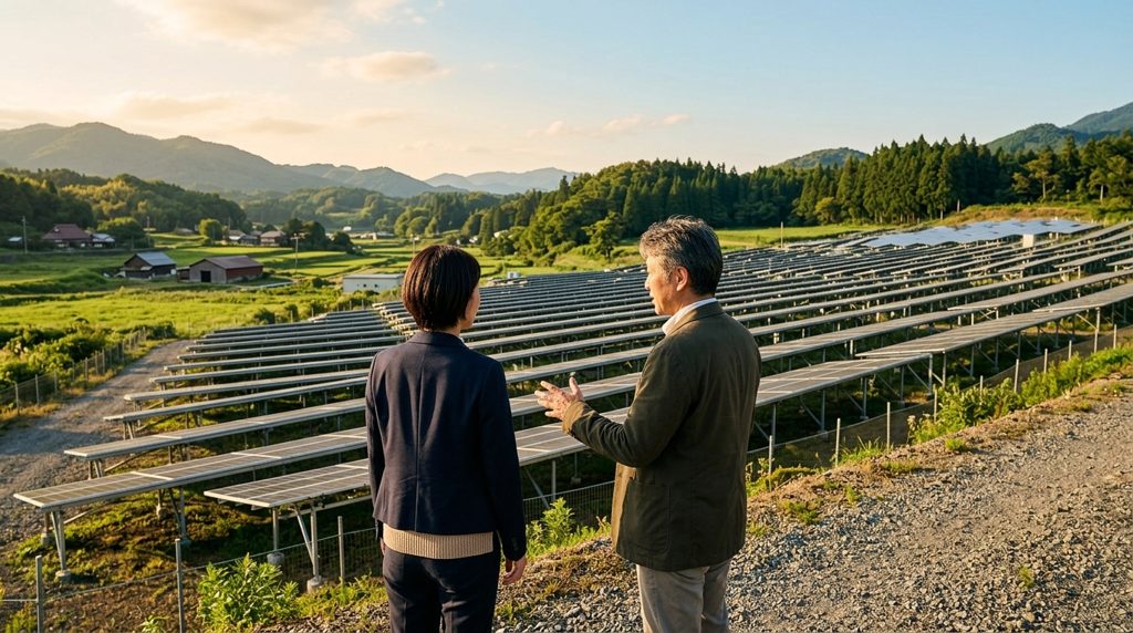 40-50代の男性2人が、日差しを浴びる太陽光発電所を視察している様子。