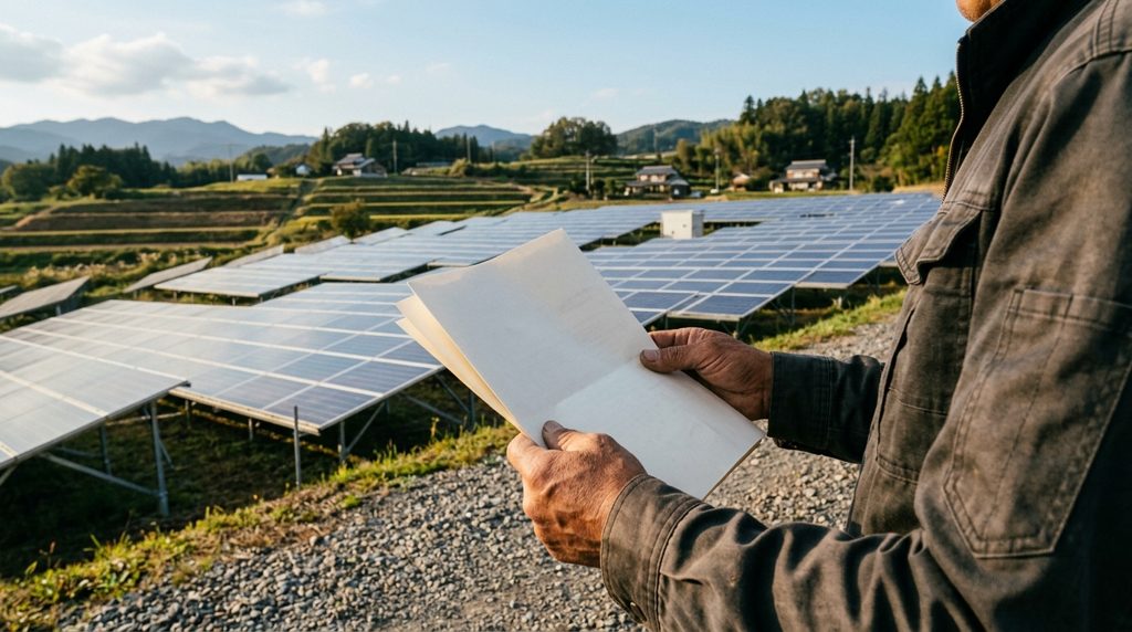 書類を持つ手と、広がる太陽光発電所の風景