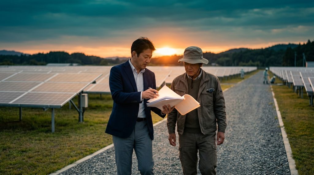 太陽光発電所を背景に打ち合わせる人たち