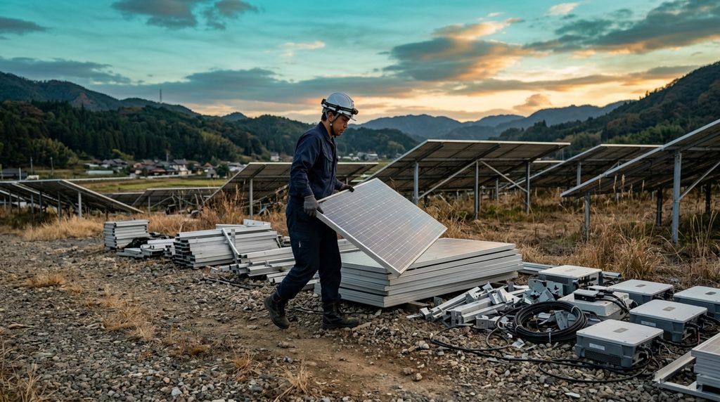 太陽光発電設備を解体する作業員と、取り外された太陽光パネルや架台