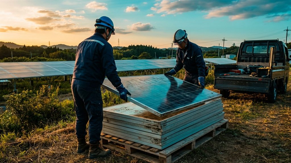 取り外された太陽光パネルを積む作業員たち。