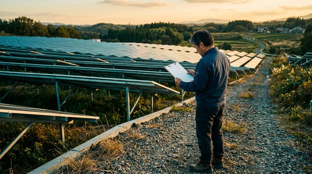 太陽光発電所の敷地で、書類を確認する人物の後ろ姿