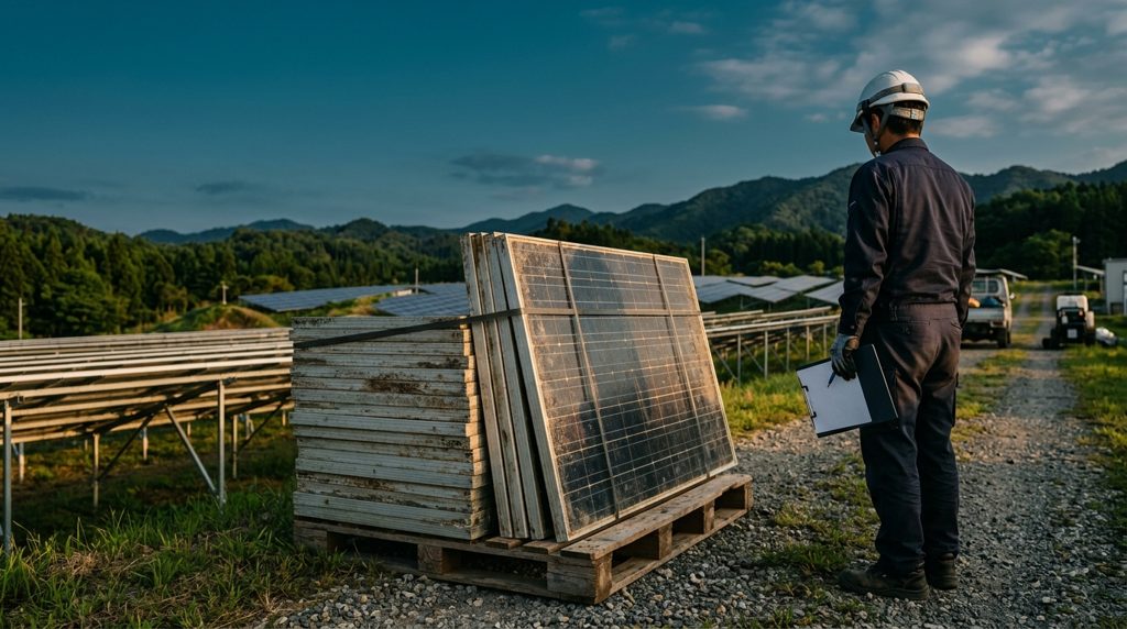 老朽化した太陽光パネルが積み上げられた、発電所の敷地。作業服の人がいる。