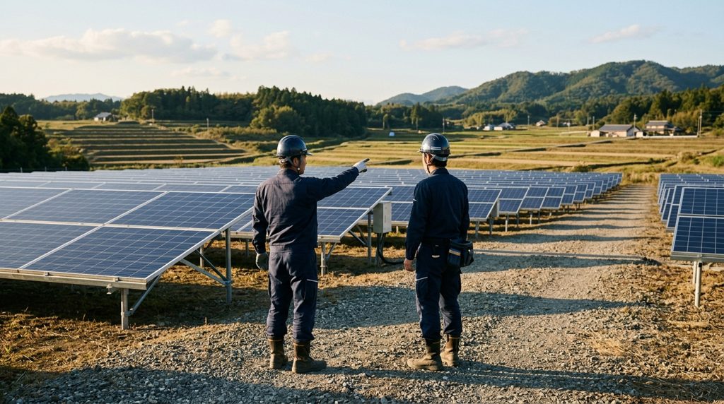 太陽光発電所でパネルを検討する作業員