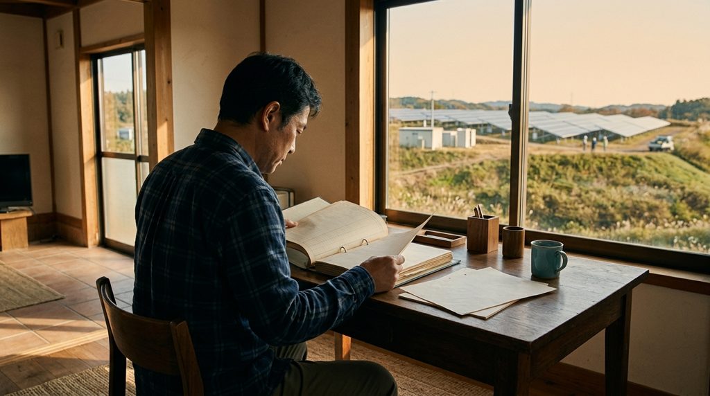 デスクで書類を確認する人物と窓外の太陽光発電所