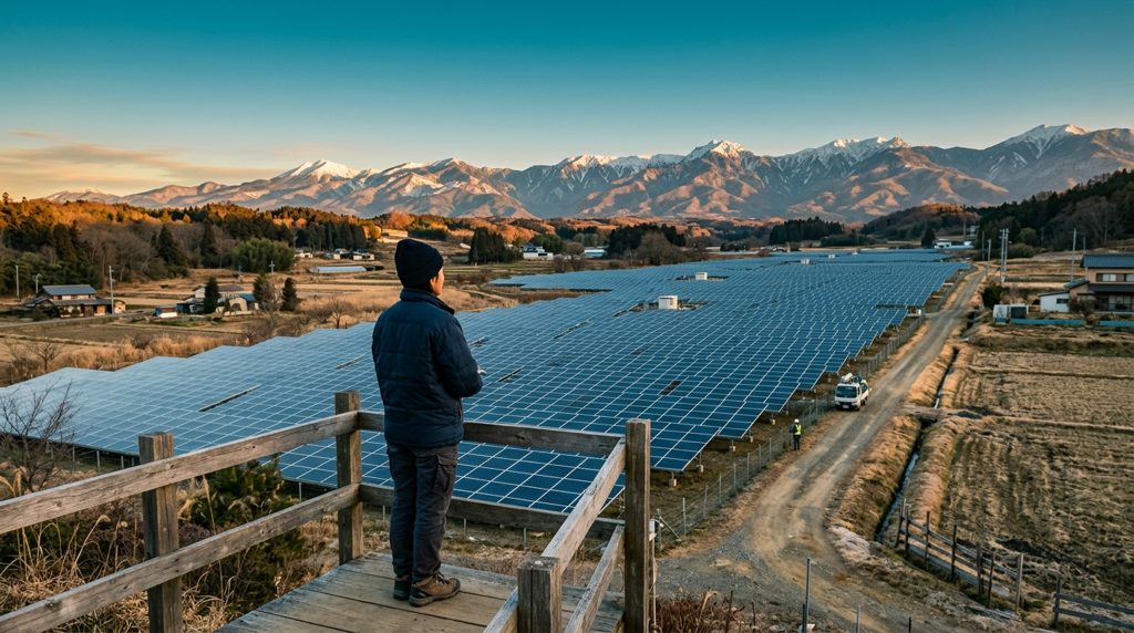 冬の朝、広大な太陽光発電設備を眺める人物