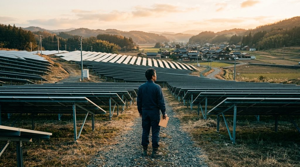 日本人、太陽光発電所から遠くの村を見る