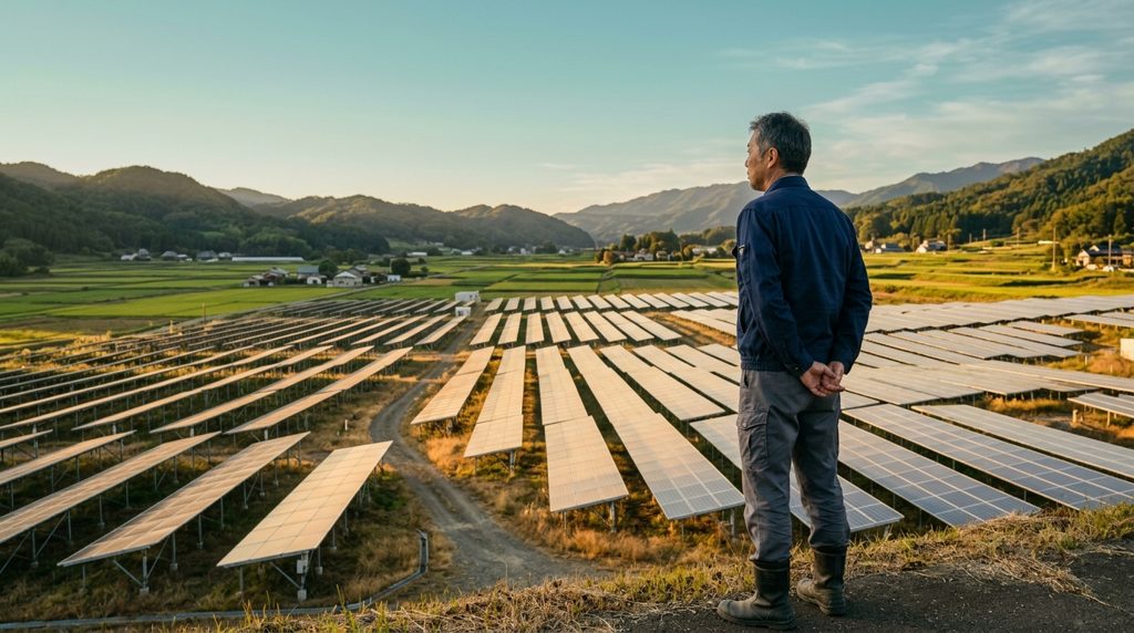 夕日に照らされた広大な太陽光発電所と人物