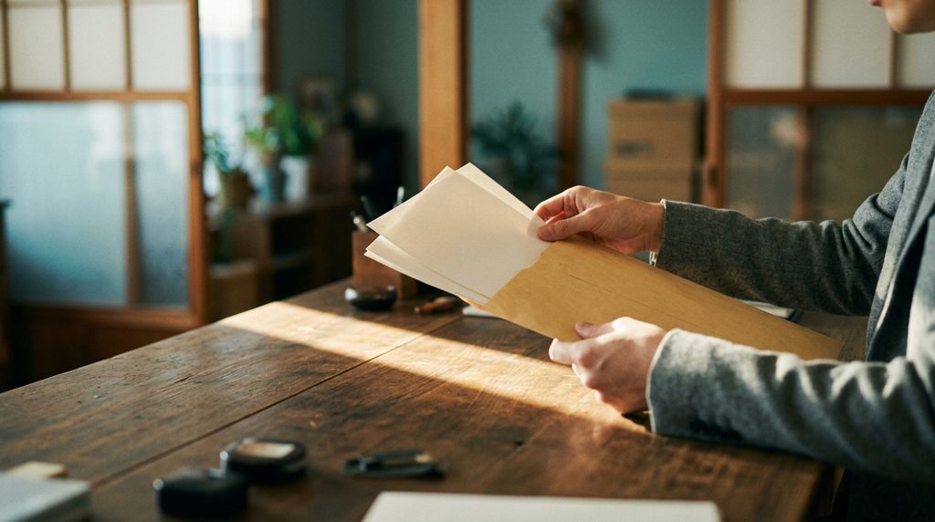 デスクで、税務署提出用の書類を封筒に入れる手元