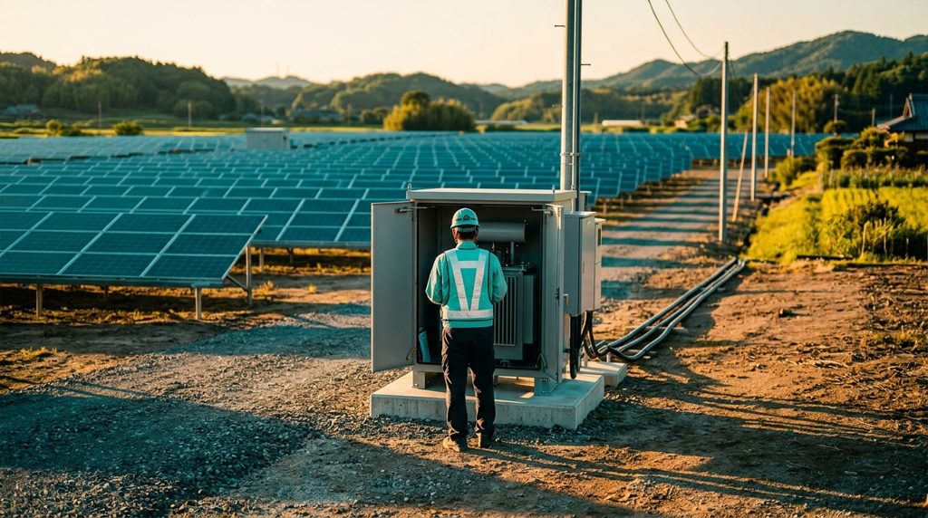 太陽光発電所の変電設備と作業員の後ろ姿
