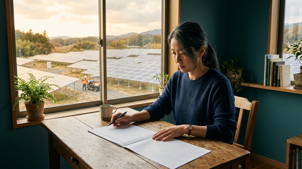 書類を確認する人と背景の太陽光発電所