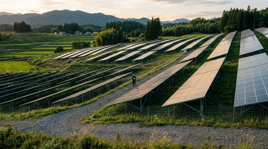 田園風景の中、新品の太陽光パネルが並ぶ風景