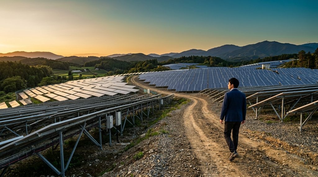 日本の広大な野立て太陽光発電所を歩く人物の後ろ姿。夕日がパネルを照らす。