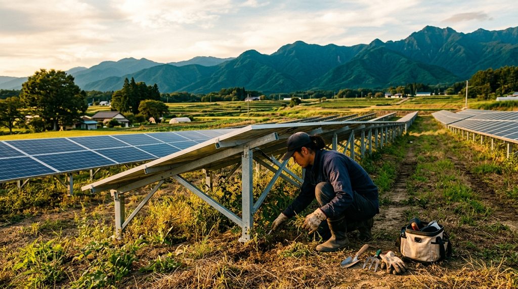 日本の太陽光発電所で除草作業をする人