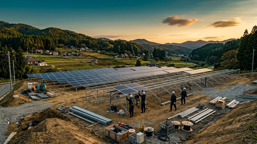 太陽光発電所の造成地と架台の設置作業