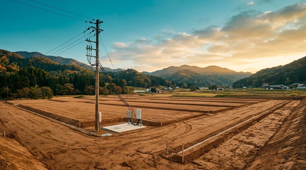 日本の郊外の整地された太陽光発電所建設地