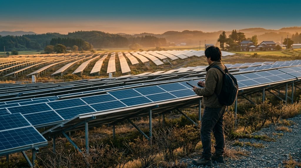 太陽光発電所を視察する作業員の後ろ姿