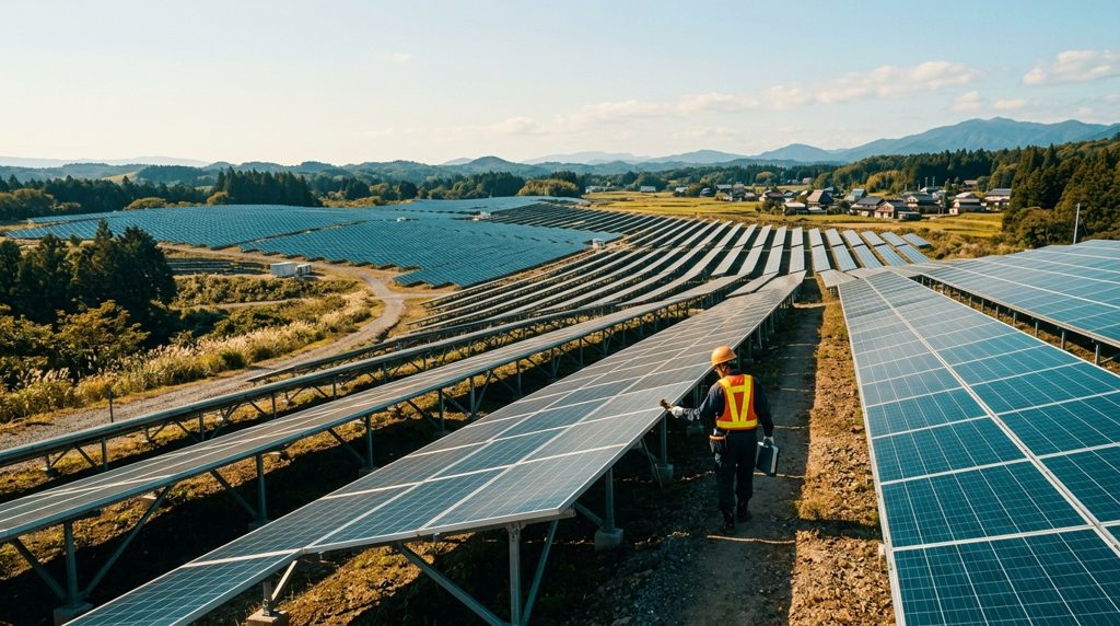 日本の広大な太陽光発電所と点検作業員