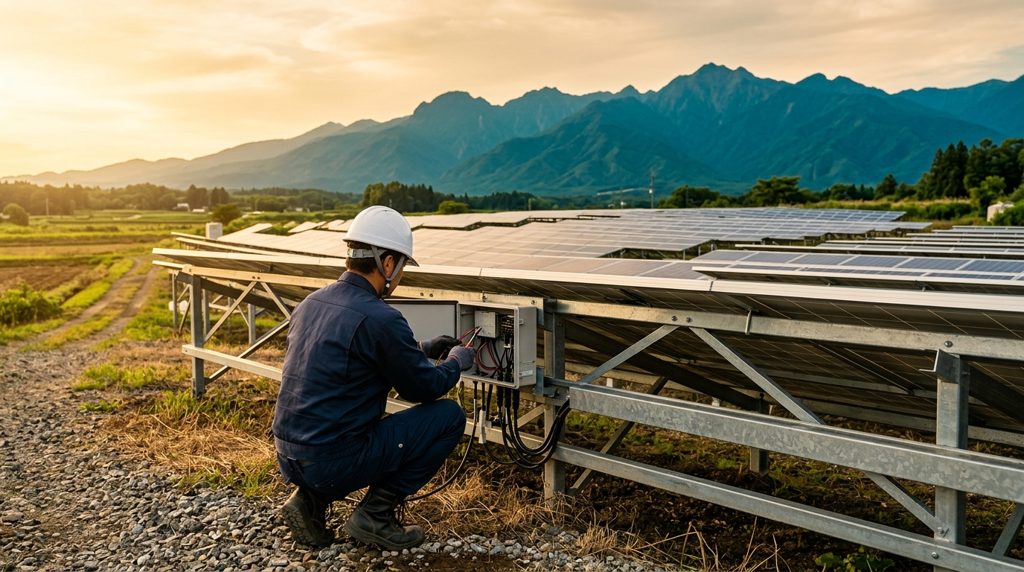 太陽光発電所の配線を点検する作業員の後ろ姿