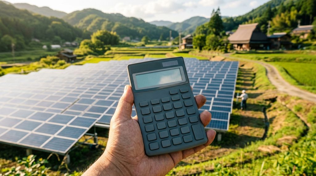 電卓を操作する手と、背景に広がる太陽光発電所の風景。