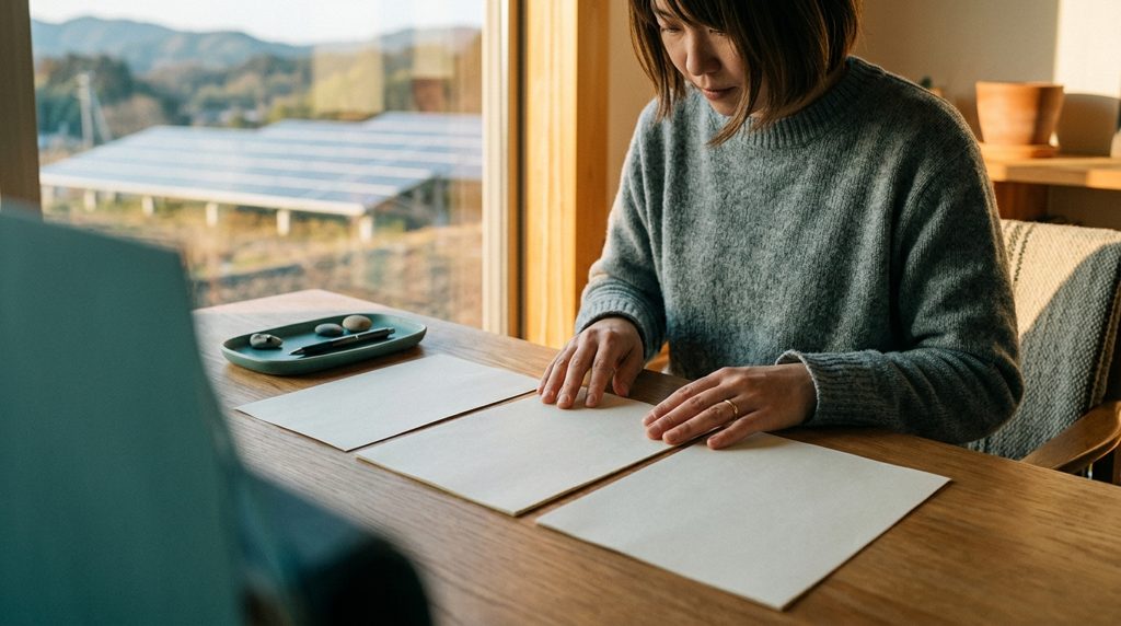 手元で複数の書類を比較検討する人物の様子