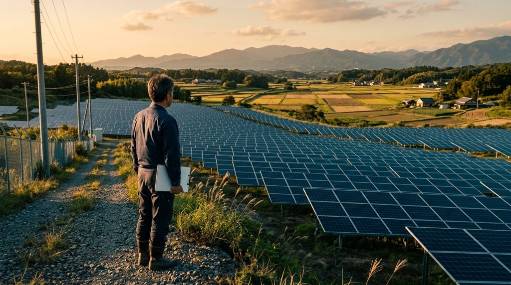 日本の田園地帯に広がる太陽光発電所を眺める男性の後ろ姿