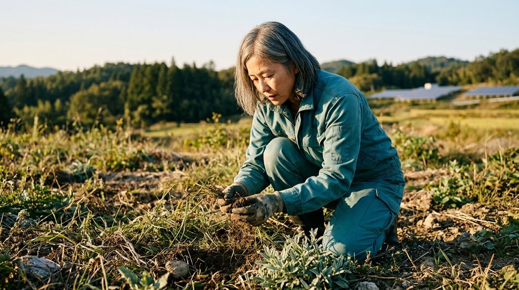 田畑のような土地をしゃがんで調べる人