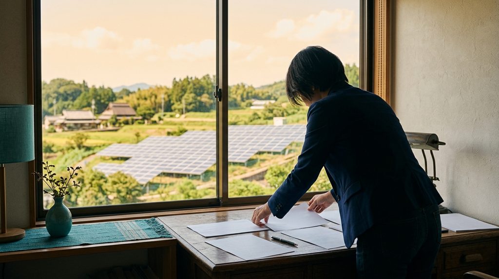 書類を精査する投資家と遠景の太陽光発電所