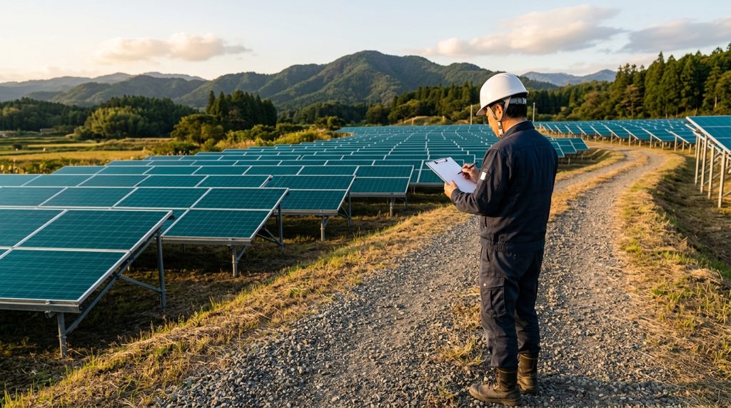 太陽光発電所の砂利道で書類を確認する現場責任者の背中