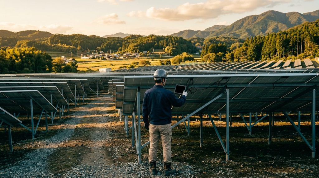 日本の太陽光発電所でパネルを点検する作業員